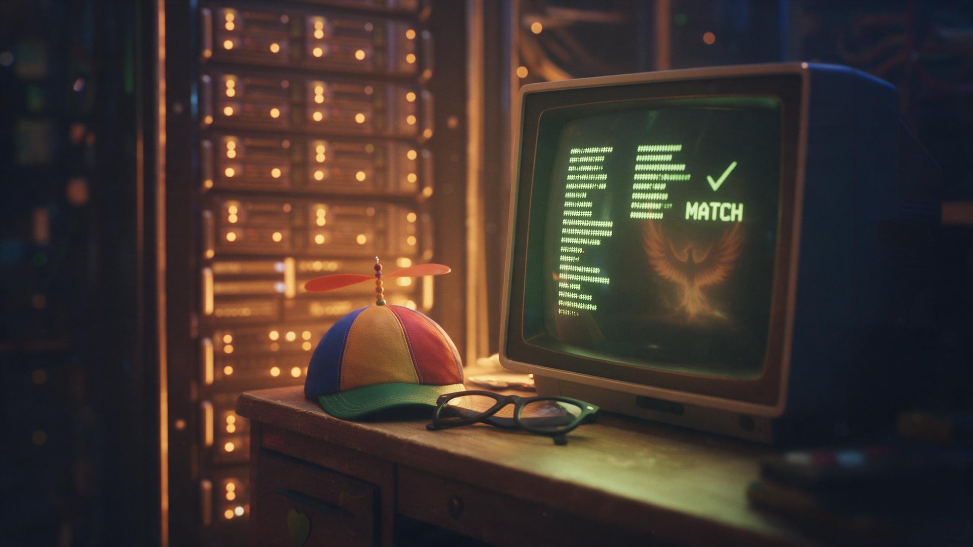 A cosy retro server-room nook at night: a propeller beanie and thick-rimmed glasses on a desk beside a glowing terminal showing two matching columns of hash strings and a green MATCH tick, with an amber drive rack behind