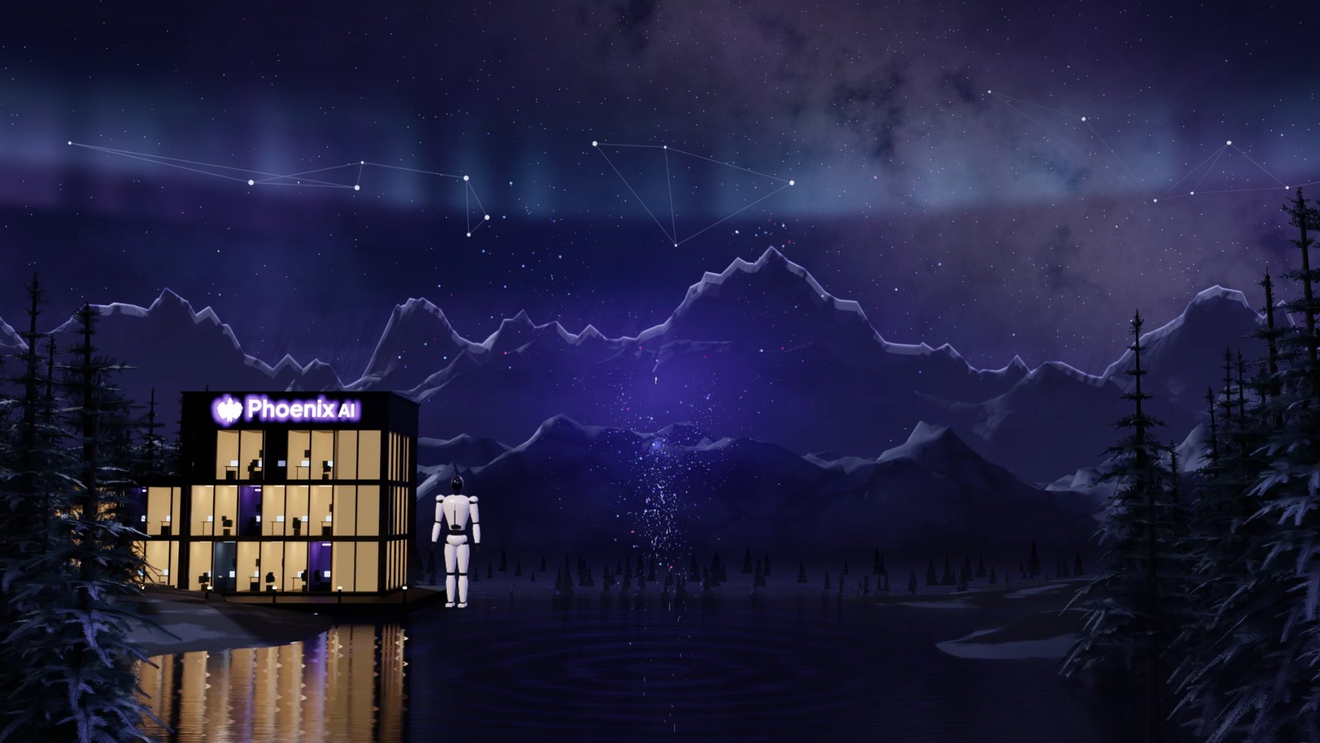 A 3D night scene: the glowing Phoenix AI office on a mountain lake under an aurora and starry constellations, with a white robot standing at the water's edge among snowy pines