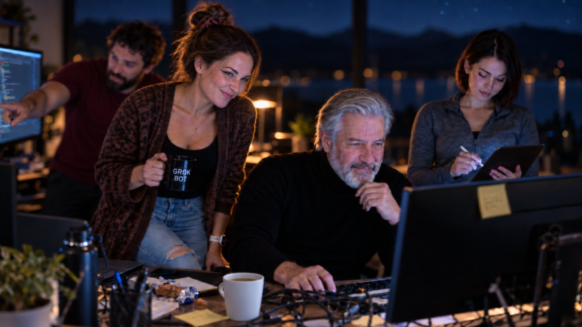 Four teammates gathered around a glowing monitor in a night-time office, waiting on the green light to deploy, with a mountain lake through the window behind them