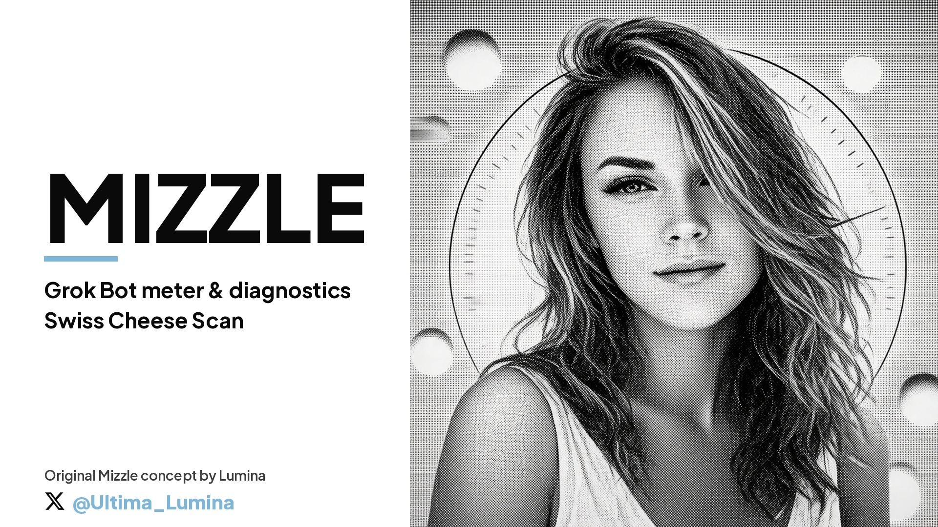 Mizzle, our new teammate, shown as a black-and-white halftone portrait beside the words Mizzle, Grok Bot meter and diagnostics, with a credit to Lumina, @Ultima_Lumina on X